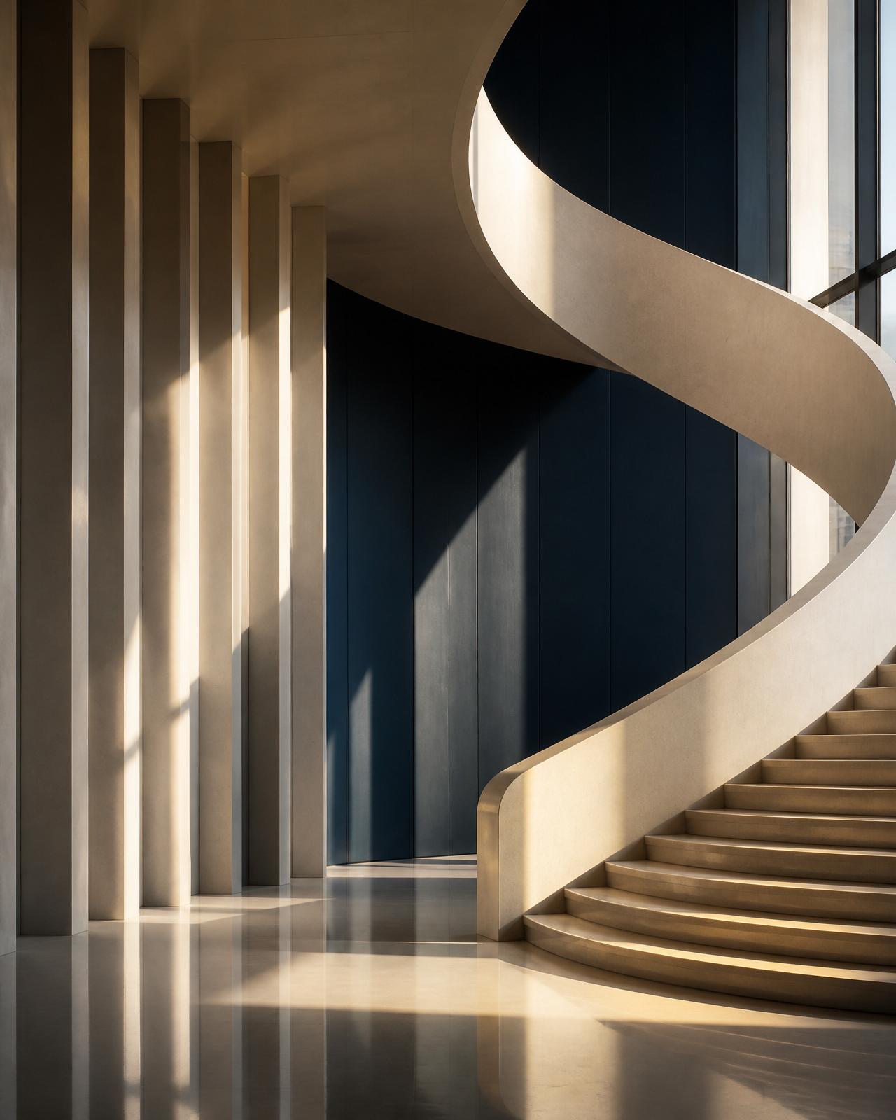 Modern architectural spiral staircase in warm morning light